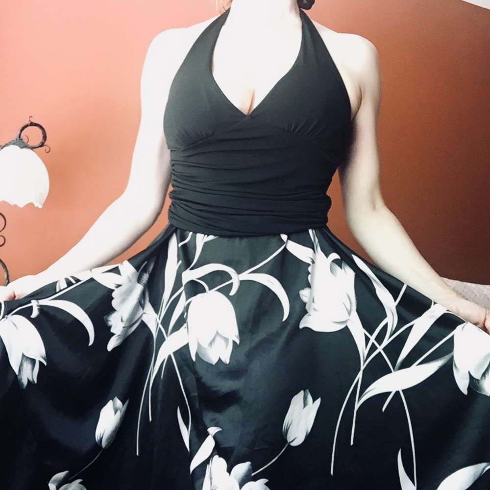 Black + White Floral Halter Top Cocktail Dress